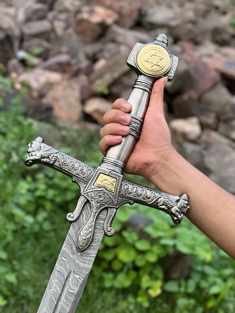 Handmade Damascus Steel King Solomon Sword, Star of David Pommel, Medieval Sword Gift for Him, Anniversary Gift