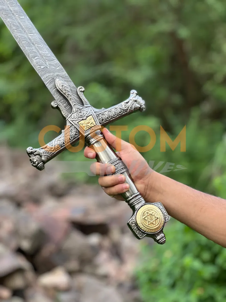 Handmade Damascus Steel King Solomon Sword, Star of David Pommel, Medieval Sword Gift for Him, Anniversary Gift - Image 4